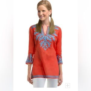 Gretchen Scott Reef Tunic size M, coral with turquoise embroidery